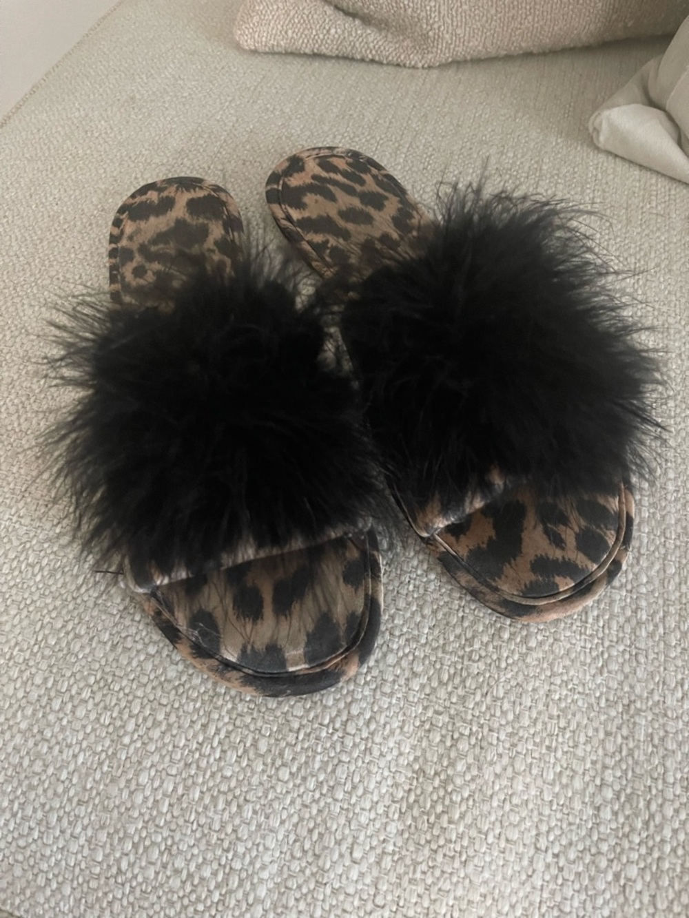 INC International Concepts Leopard Slide Sandals with Black Feather Trim